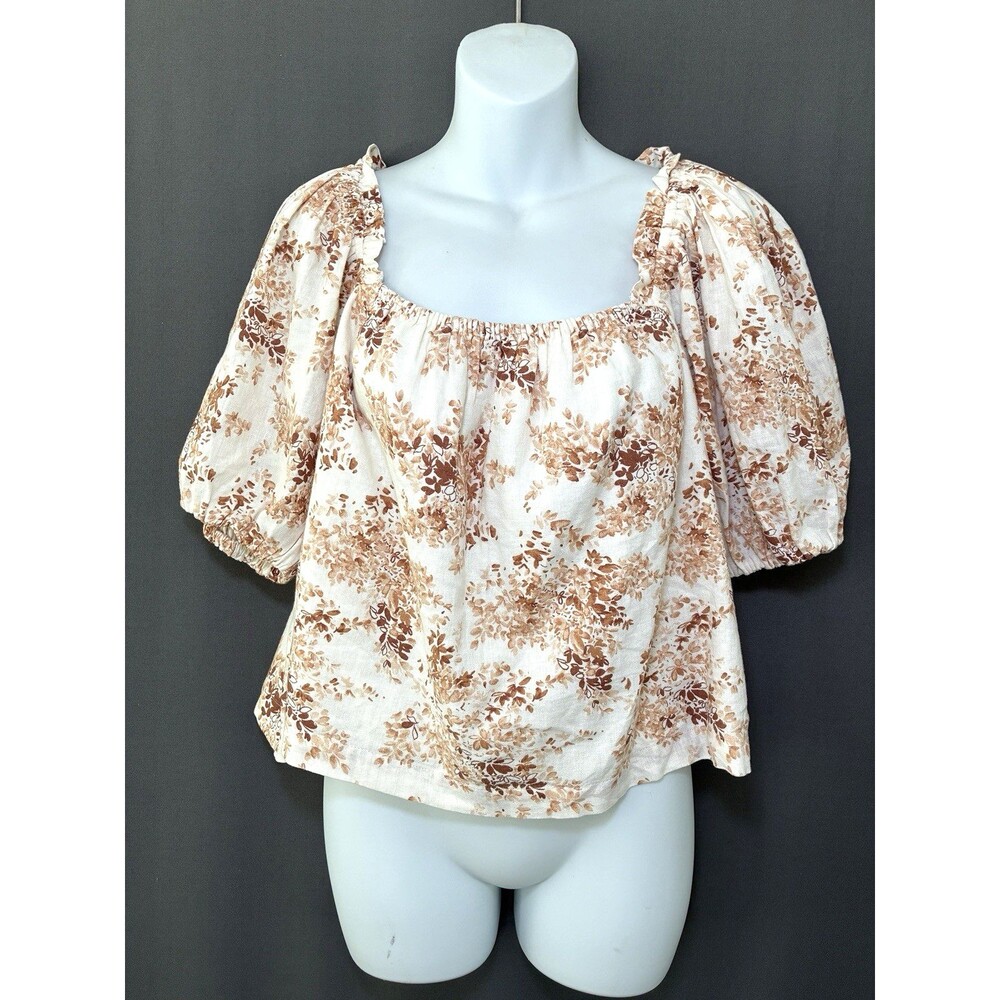 Abercrombie & Fitch Linen Cotton Off Shoulder Top Sz L Brown Floral Boho Cottage